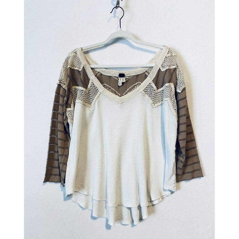 Free People Top Womens Large Waffle Knit Hi Low Hem Crochet Brown Ivory Boho